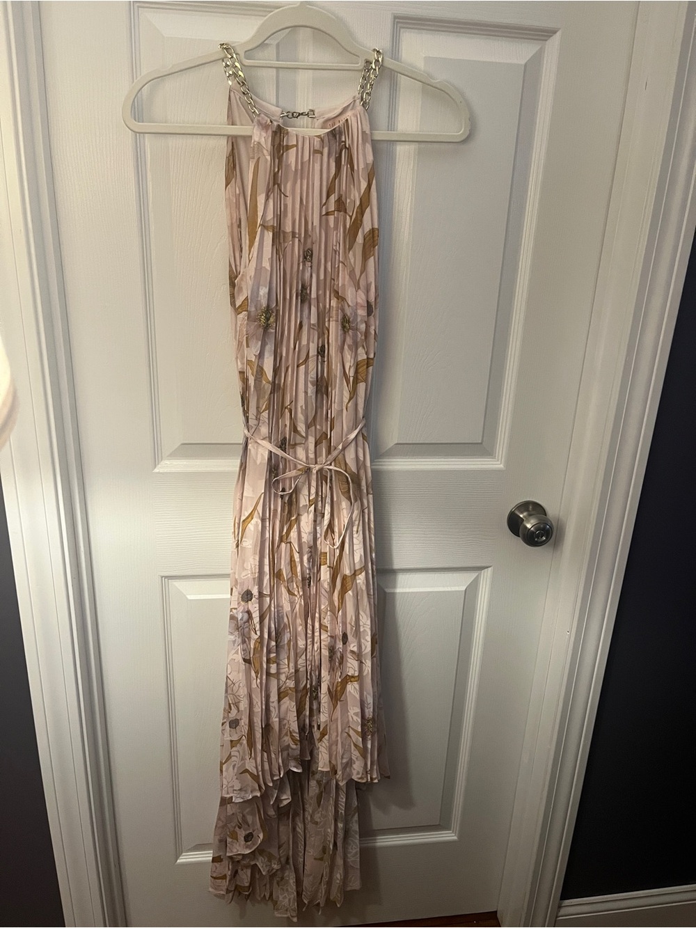 Ted Baker Sleeveless Pink Floral Pleated Maxi Dress with Chain Straps